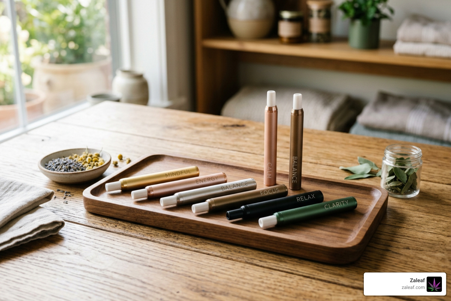 Premium wellness inhaler pens displayed on a wooden table Premium wellness inhaler pens displayed on a wooden table
