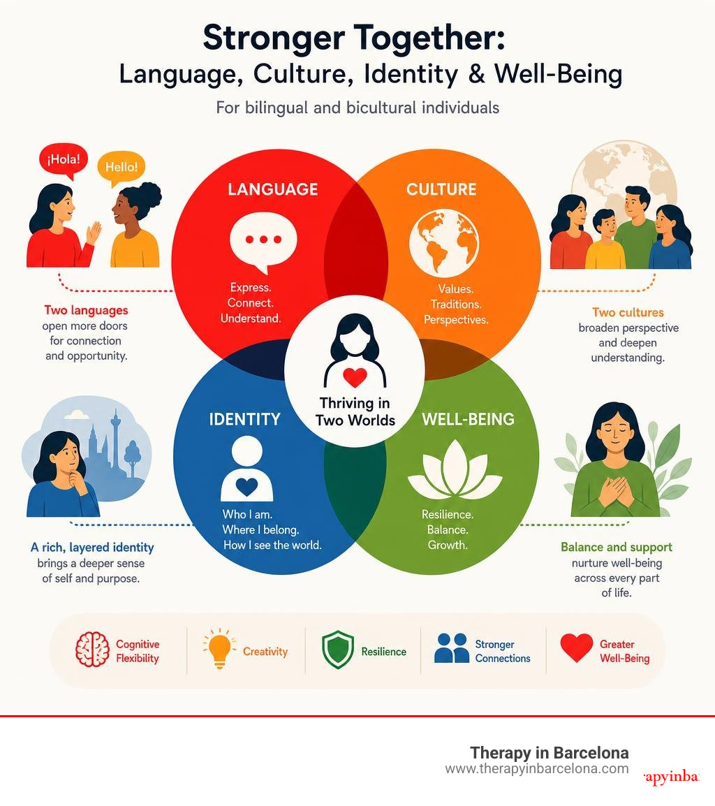Intersection of language, culture, identity, and well-being for bilingual and bicultural individuals infographic