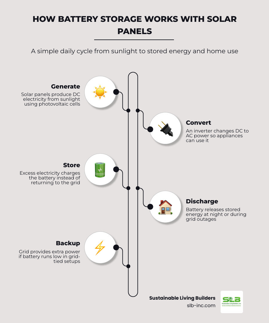 Infographic: How battery storage works with solar panels — 5-step daily cycle from sunlight to stored power to home use