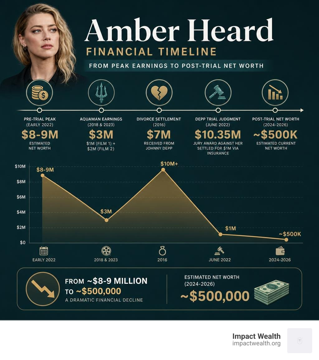 Amber Heard financial timeline from peak earnings to post-trial net worth infographic