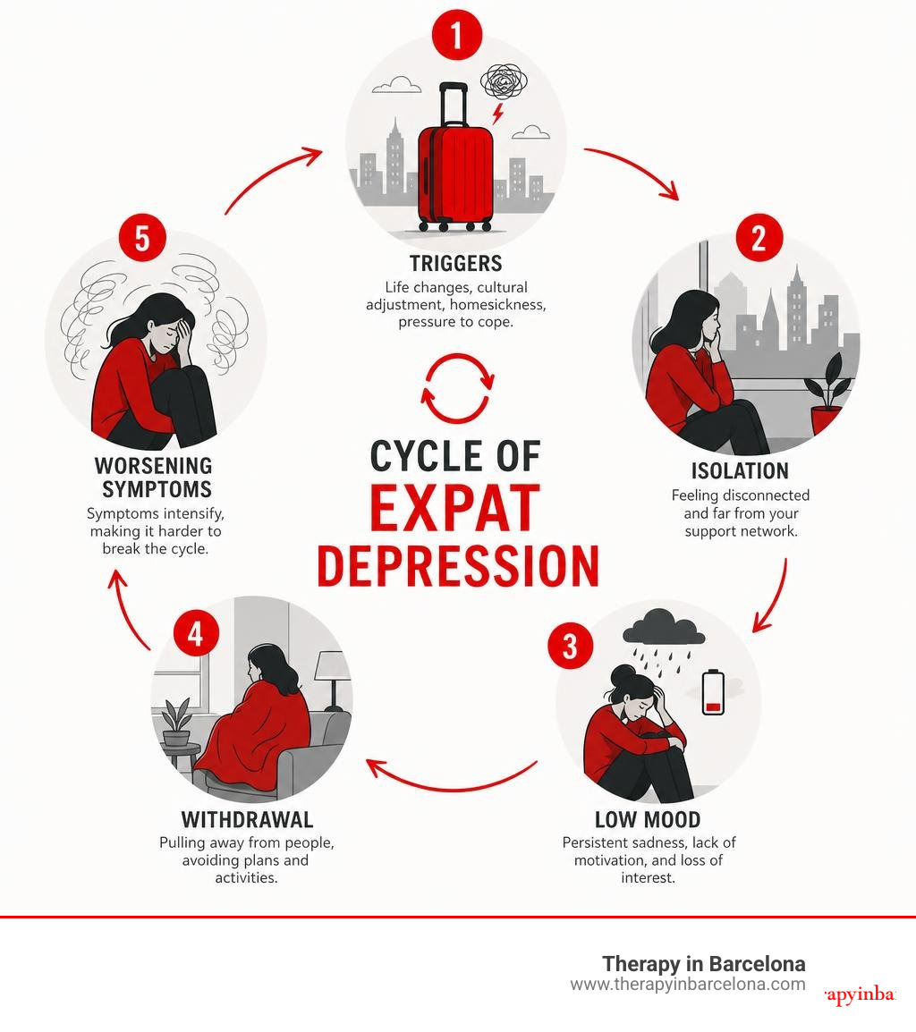 Cycle of expat depression: triggers, isolation, low mood, withdrawal, worsening symptoms infographic