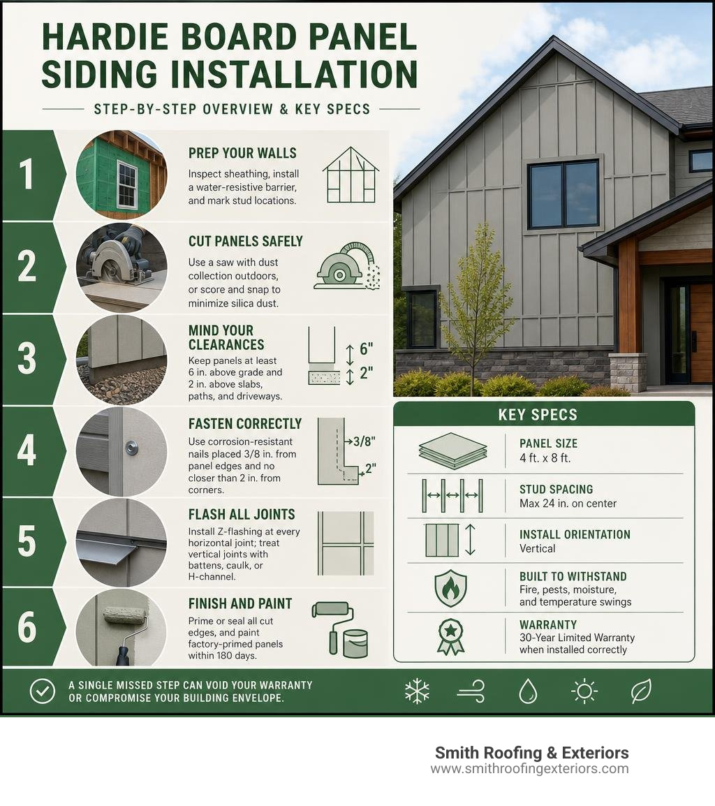 Step-by-step overview of hardie board panel siding installation process and key specs infographic Step-by-step overview of hardie board panel siding installation process and key specs infographic