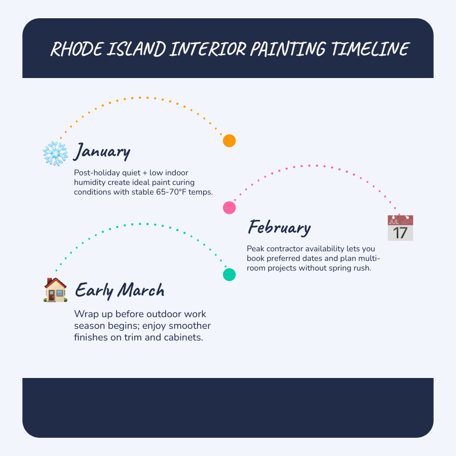 Seasonal timeline infographic showing optimal months for Rhode Island interior painting and key climate factors by season Seasonal timeline infographic showing optimal months for Rhode Island interior painting and key climate factors by season