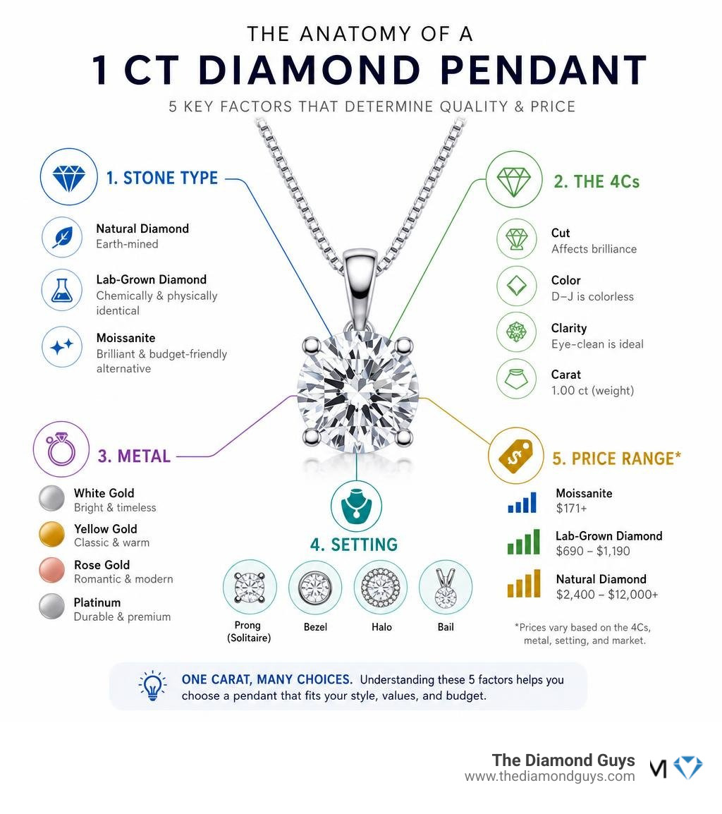 Infographic showing anatomy of a 1 ct diamond pendant: stone type, 4Cs, metal, setting, and price range infographic Infographic showing anatomy of a 1 ct diamond pendant: stone type, 4Cs, metal, setting, and price range infographic