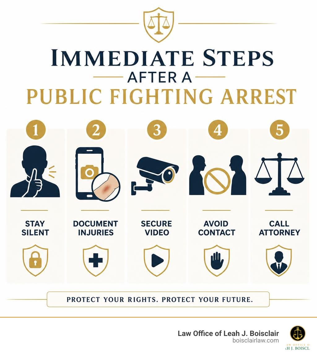 Immediate steps after a public fighting arrest: stay silent, document injuries, secure video, avoid contact, call attorney
