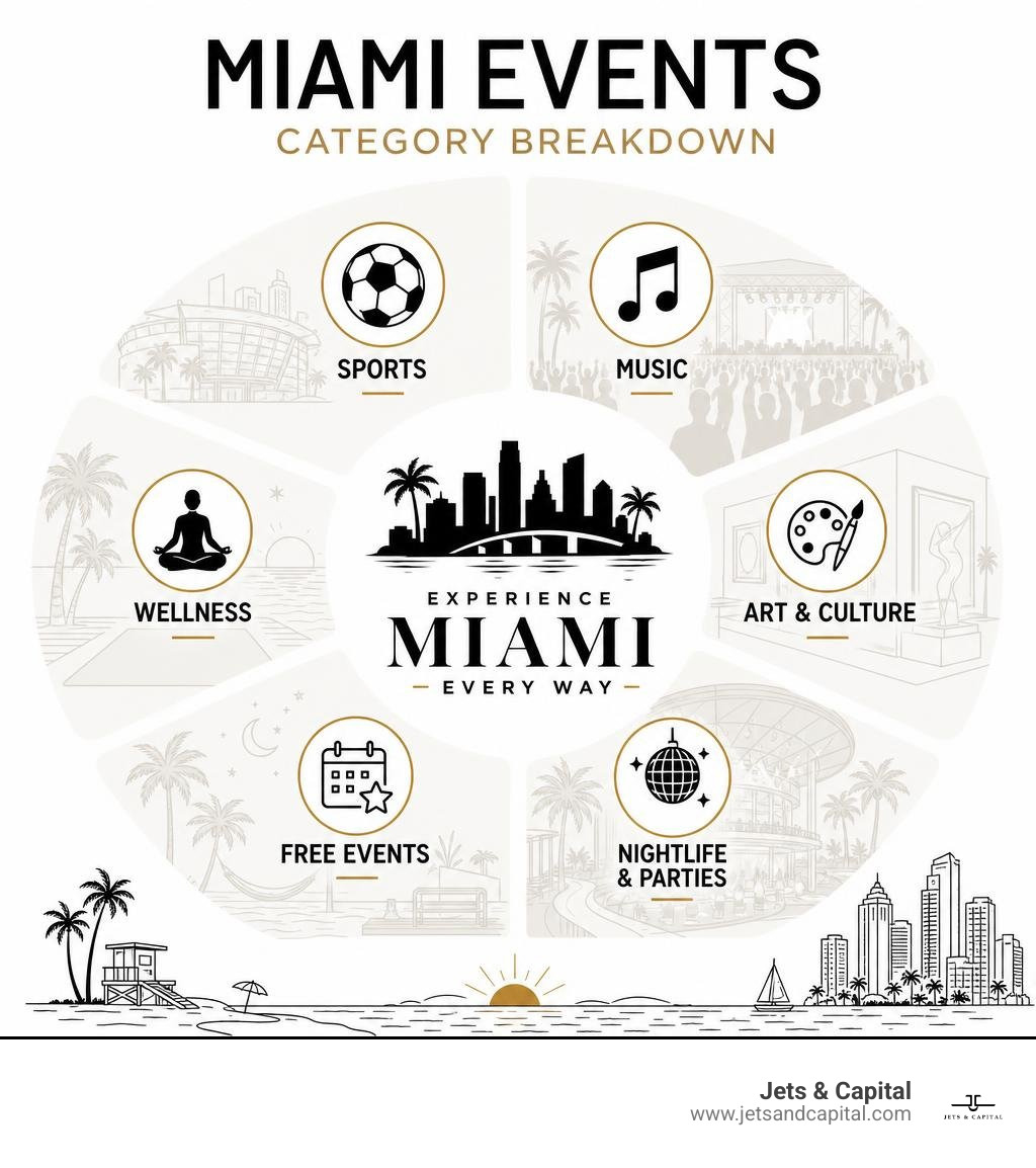 Miami events category breakdown infographic showing sports, music, art, nightlife, free events, and wellness infographic Miami events category breakdown infographic showing sports, music, art, nightlife, free events, and wellness infographic