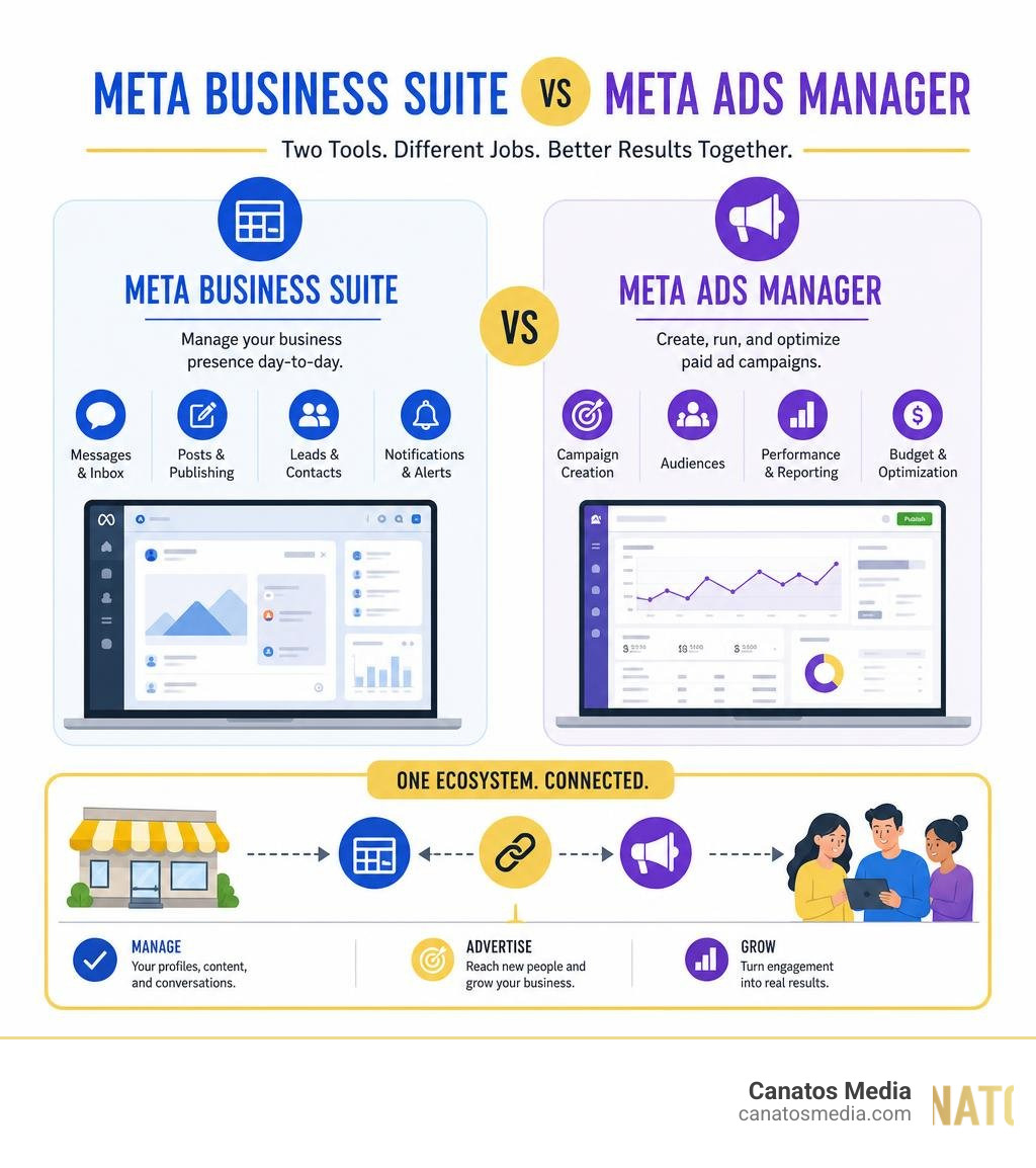 Meta Business Suite vs Meta Ads Manager ecosystem comparison infographic infographic