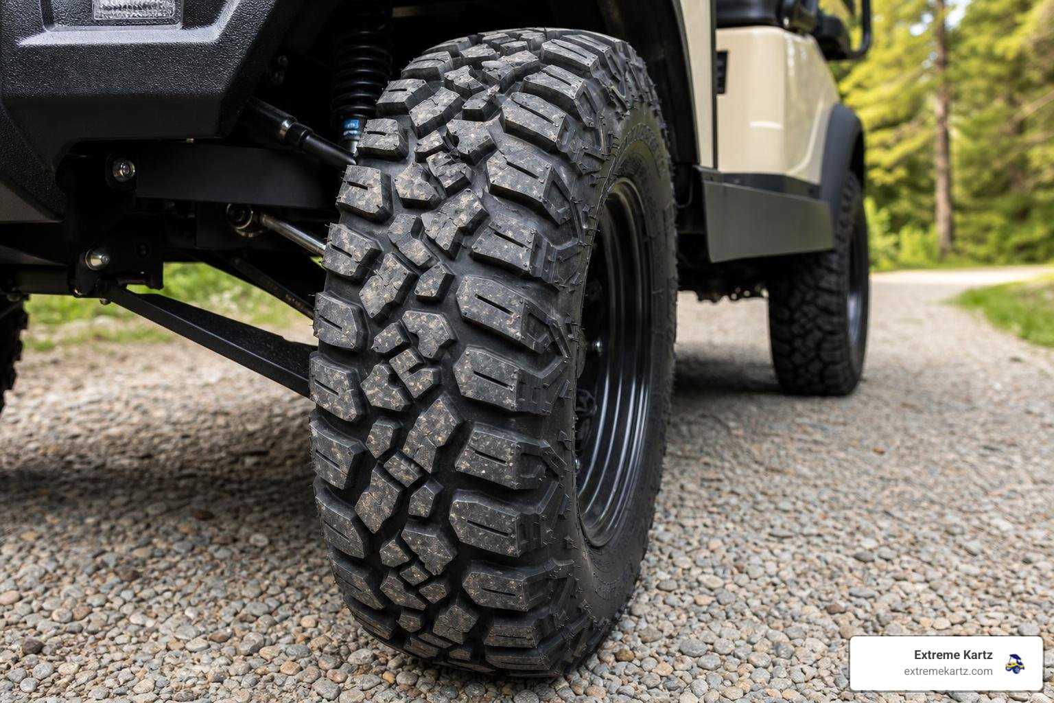 Close up of a rugged all-terrain golf cart tire tread on a gravel path showing thick tread blocks