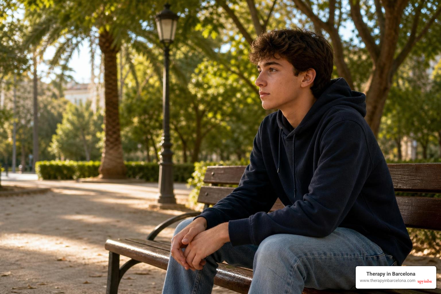 A thoughtful teenager sitting on a bench in a quiet park in Valencia, reflecting on his day A thoughtful teenager sitting on a bench in a quiet park in Valencia, reflecting on his day