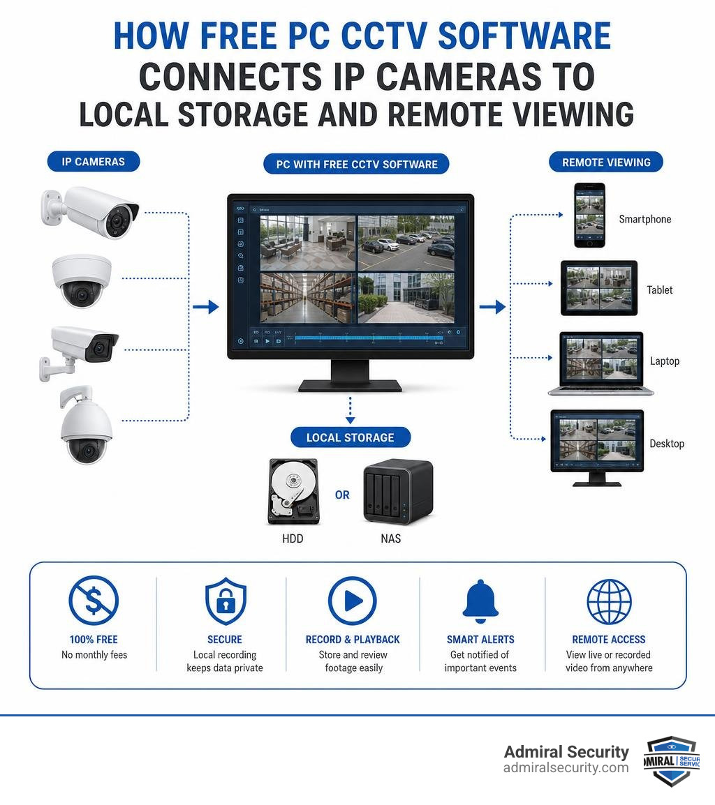 How free PC CCTV software connects IP cameras to local storage and remote viewing infographic