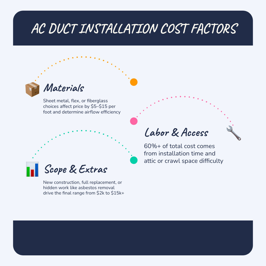 Infographic showing AC duct installation cost ranges by project type, per linear foot pricing, and key cost factors Infographic showing AC duct installation cost ranges by project type, per linear foot pricing, and key cost factors