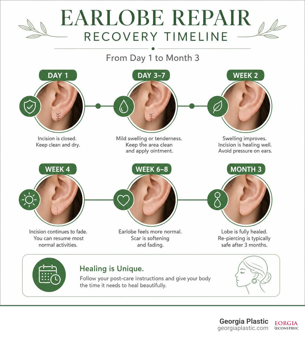 Infographic detailing the earlobe repair recovery timeline from day 1 to month 3 infographic Infographic detailing the earlobe repair recovery timeline from day 1 to month 3 infographic
