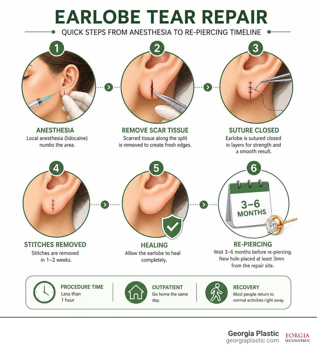 Quick steps of earlobe tear repair from anesthesia to re-piercing timeline infographic Quick steps of earlobe tear repair from anesthesia to re-piercing timeline infographic