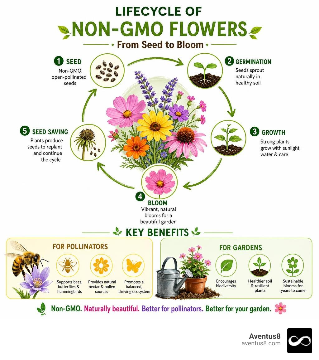 Lifecycle of non-GMO flowers from seed to bloom with key benefits for pollinators and gardens infographic Lifecycle of non-GMO flowers from seed to bloom with key benefits for pollinators and gardens infographic