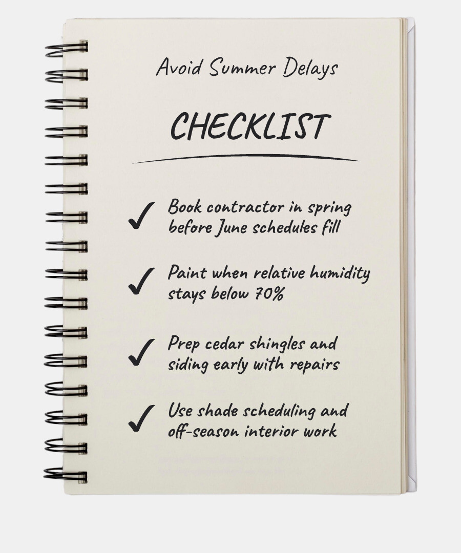 Seasonal timeline infographic: spring booking, summer exterior risks, fall ideal conditions, winter interior projects Seasonal timeline infographic: spring booking, summer exterior risks, fall ideal conditions, winter interior projects