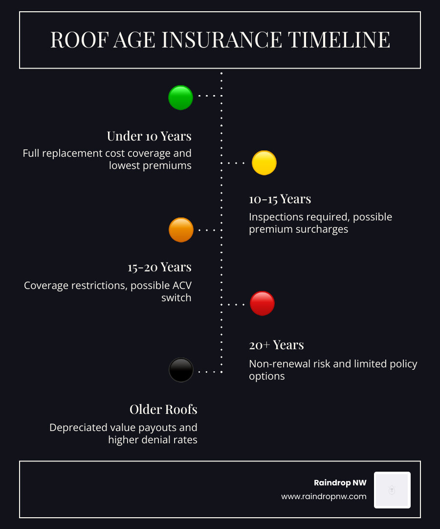 Infographic showing roof age insurance timeline from 0 to 20+ years with coverage changes at each milestone infographic Infographic showing roof age insurance timeline from 0 to 20+ years with coverage changes at each milestone infographic