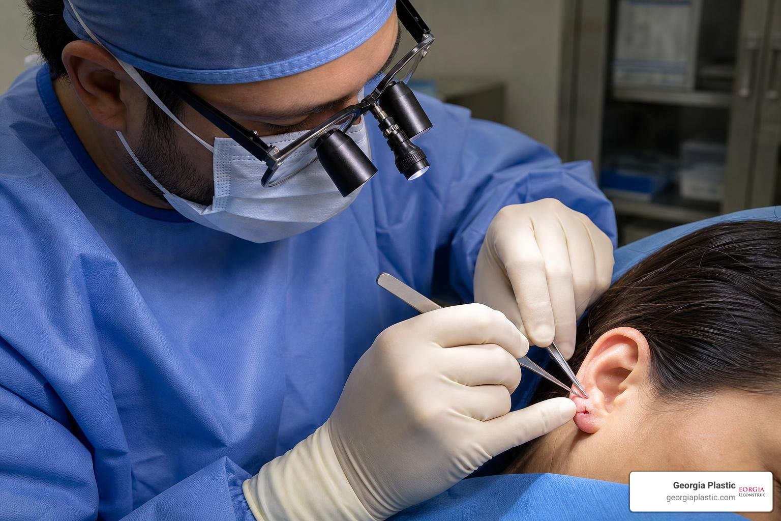 surgeon performing a precise earlobe repair surgeon performing a precise earlobe repair