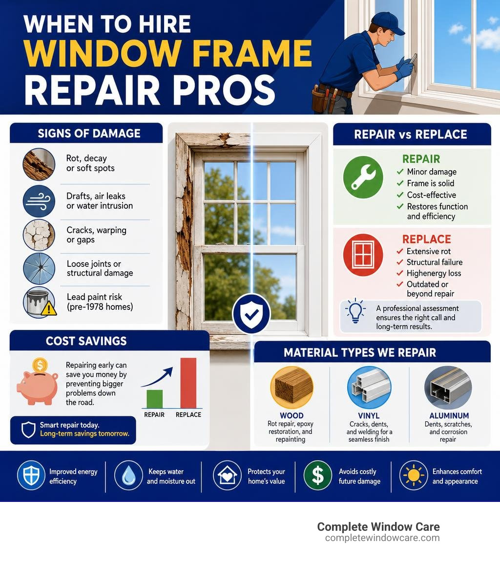 Infographic: When to hire window frame repair pros - signs of damage, repair vs replace, cost savings, and material types