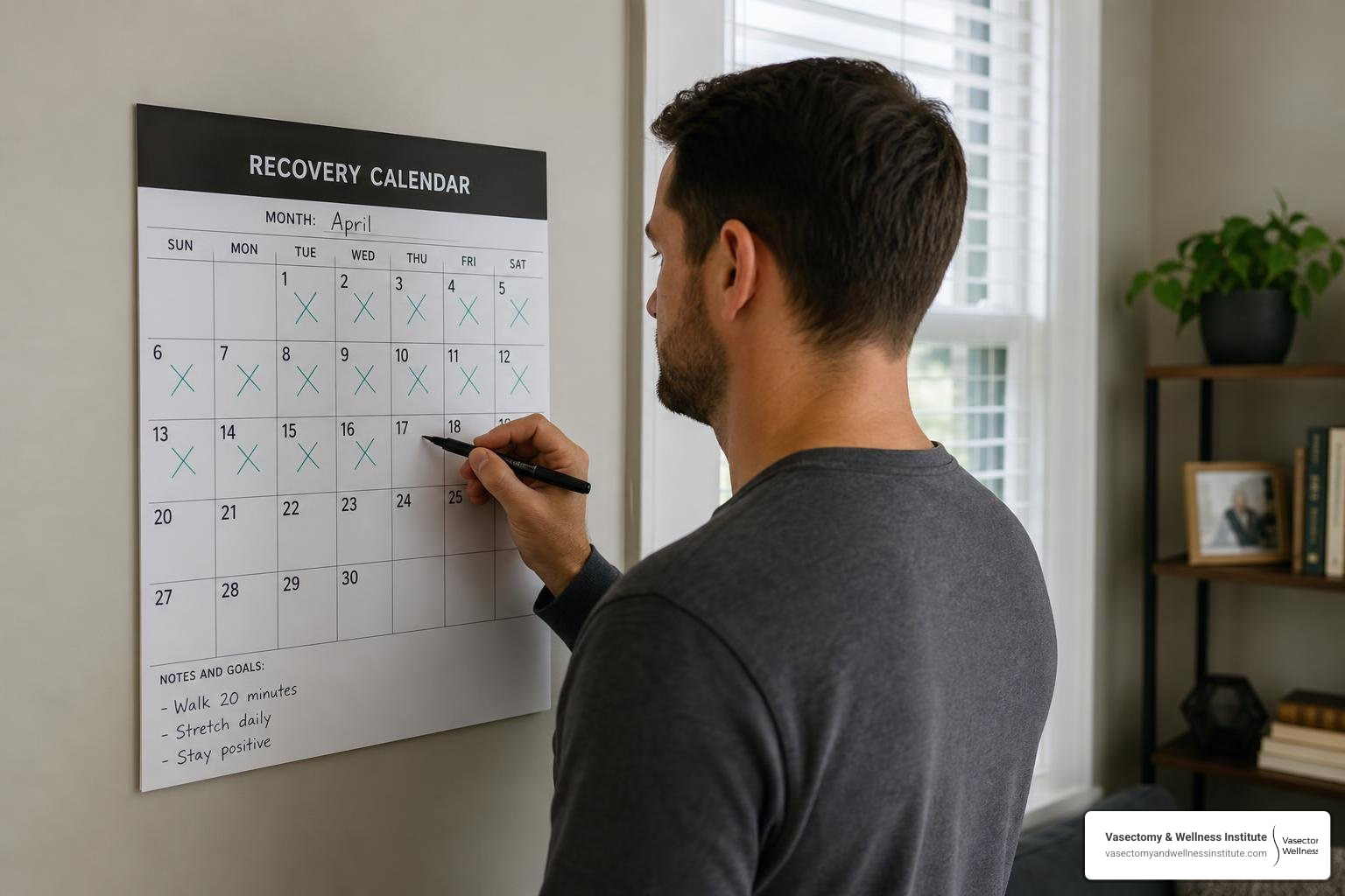 Man tracking his vasectomy recovery timeline on a wall calendar