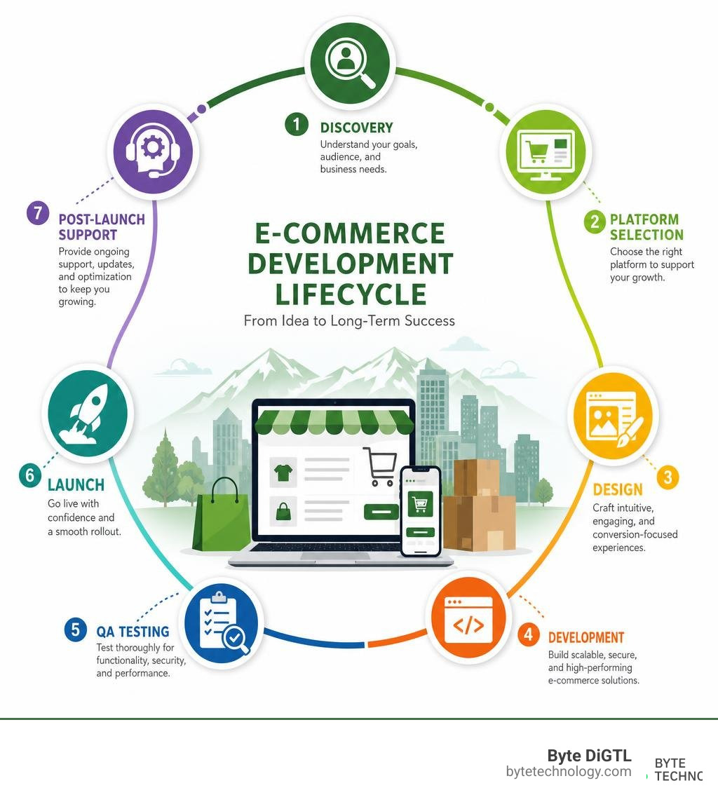 E-commerce development lifecycle infographic: Discovery, Platform Selection, Design, Development, QA Testing, Launch E-commerce development lifecycle infographic: Discovery, Platform Selection, Design, Development, QA Testing, Launch