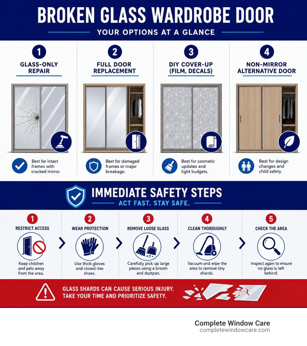 infographic showing immediate options and safety steps for a broken glass wardrobe door infographic infographic showing immediate options and safety steps for a broken glass wardrobe door infographic