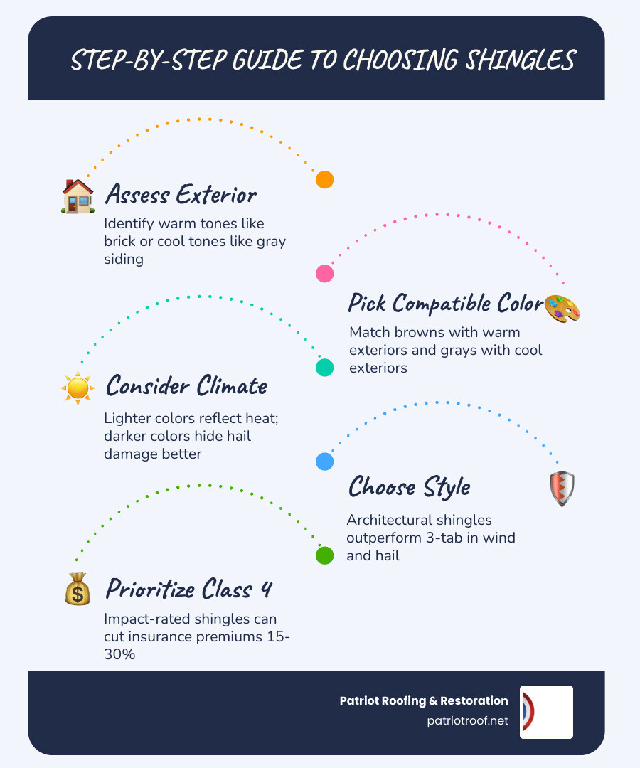 Step-by-step infographic for choosing shingle color and style for Arkansas homes infographic