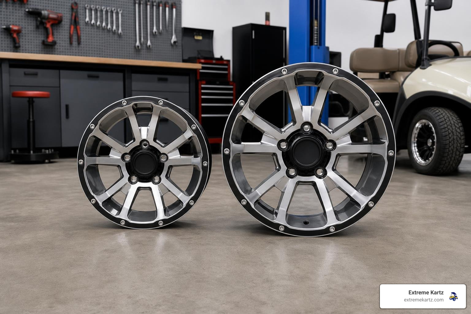 Two custom aluminum golf cart wheels, a 12-inch and a 14-inch, standing side by side in a clean workshop garage