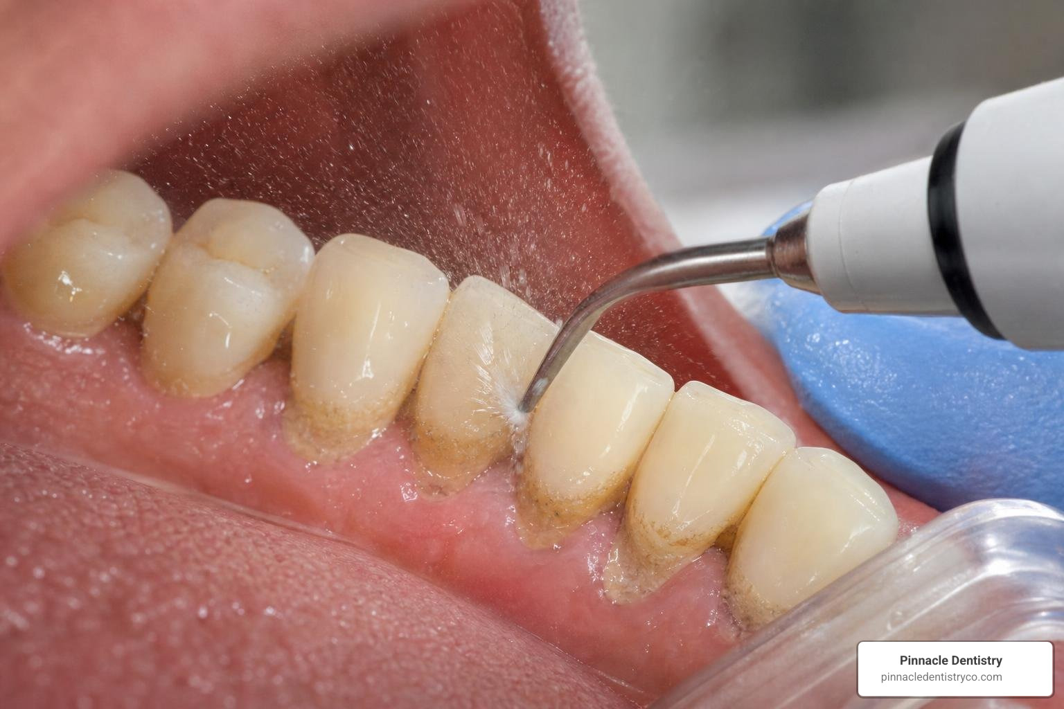 An ultrasonic scaler tip vibrating and spraying water lavage to clean plaque from a tooth An ultrasonic scaler tip vibrating and spraying water lavage to clean plaque from a tooth