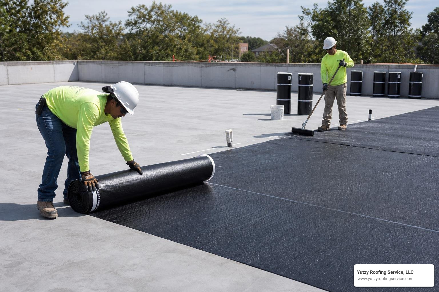 Workers installing a self-adhesive bituminous waterproofing membrane on a clean concrete deck Workers installing a self-adhesive bituminous waterproofing membrane on a clean concrete deck