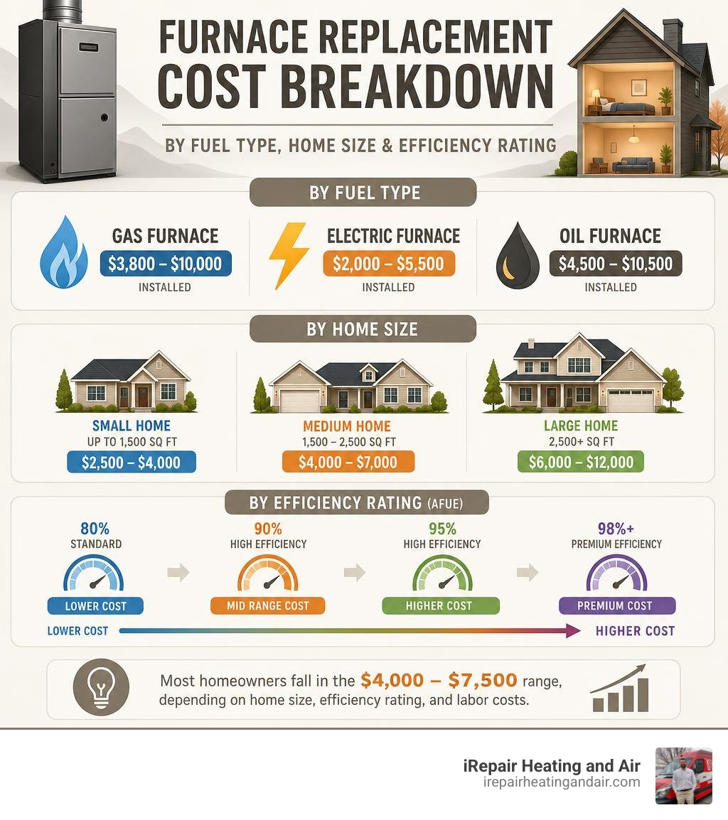 Infographic showing furnace replacement cost breakdown by fuel type, home size, and efficiency rating infographic Infographic showing furnace replacement cost breakdown by fuel type, home size, and efficiency rating infographic