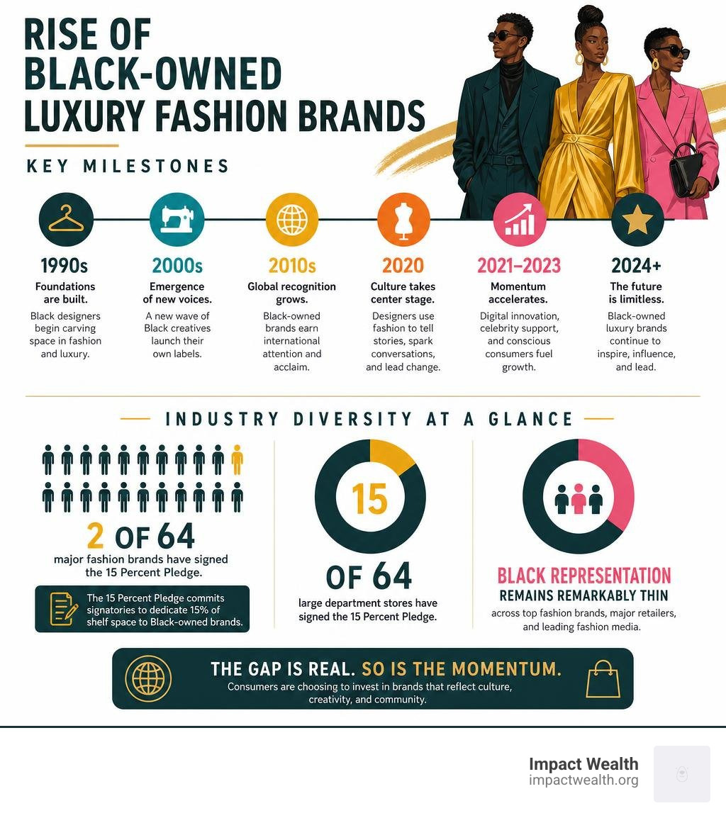 Rise of Black-owned luxury fashion brands timeline key milestones and industry diversity stats infographic