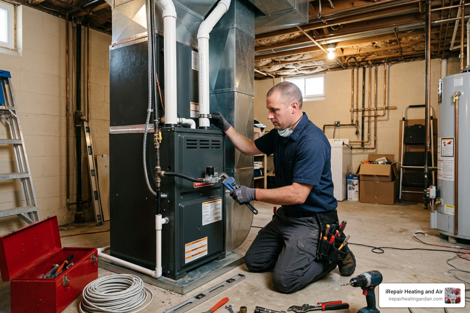 HVAC technician installing a high-efficiency gas furnace in a residential basement HVAC technician installing a high-efficiency gas furnace in a residential basement