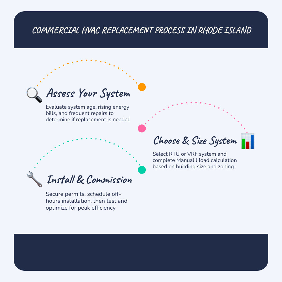 Infographic showing steps of commercial HVAC replacement process in Rhode Island with costs and timeline infographic Infographic showing steps of commercial HVAC replacement process in Rhode Island with costs and timeline infographic