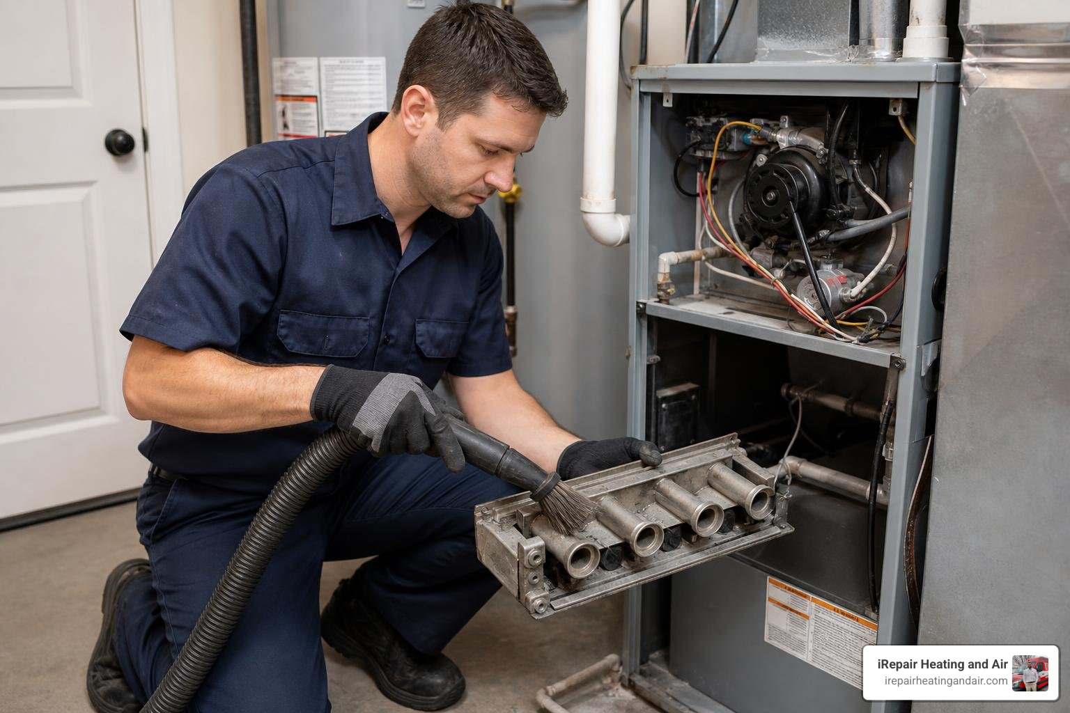Technician cleaning a furnace burner Technician cleaning a furnace burner