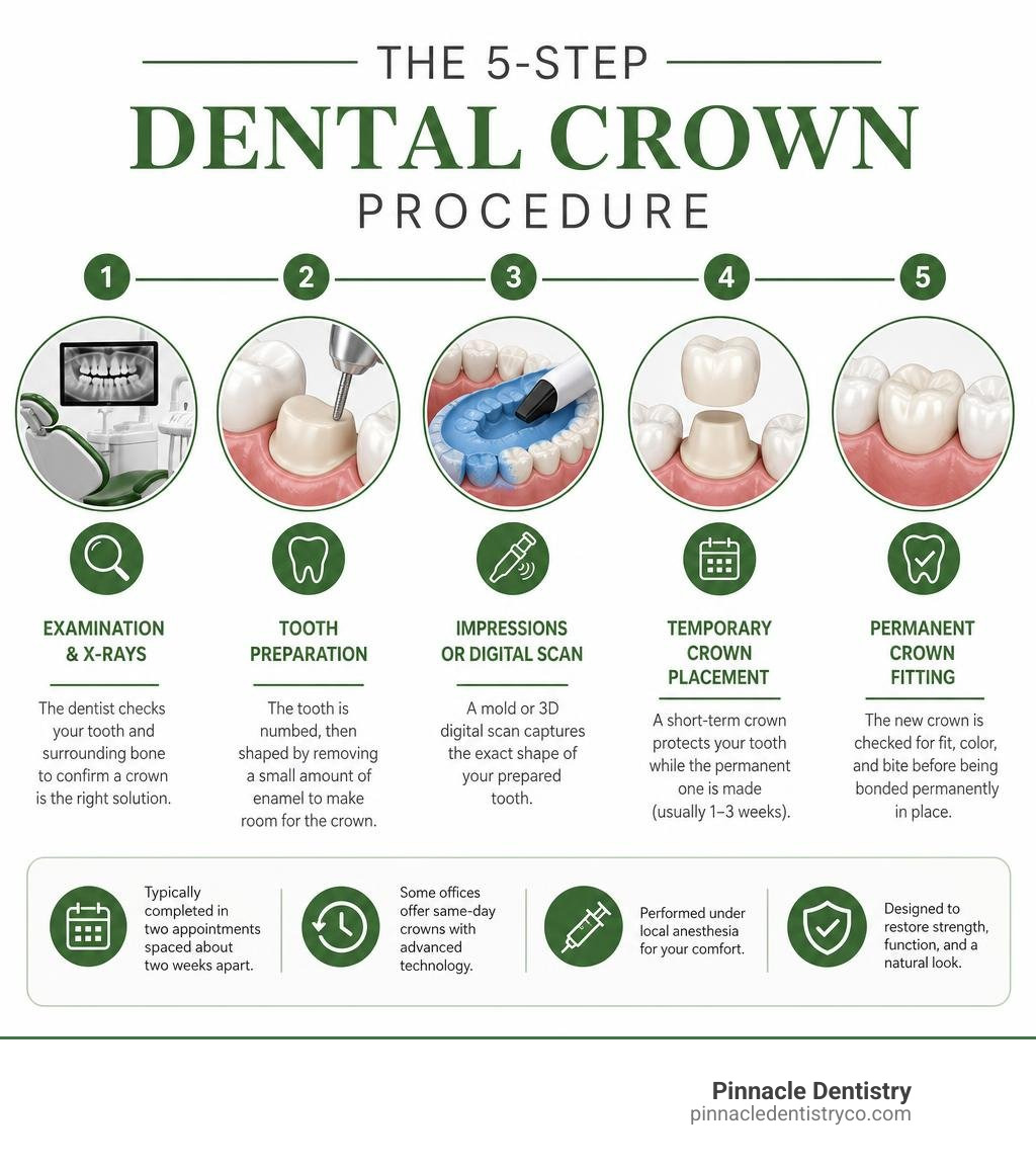 Infographic showing the 5-step dental crown procedure from exam to permanent placement infographic