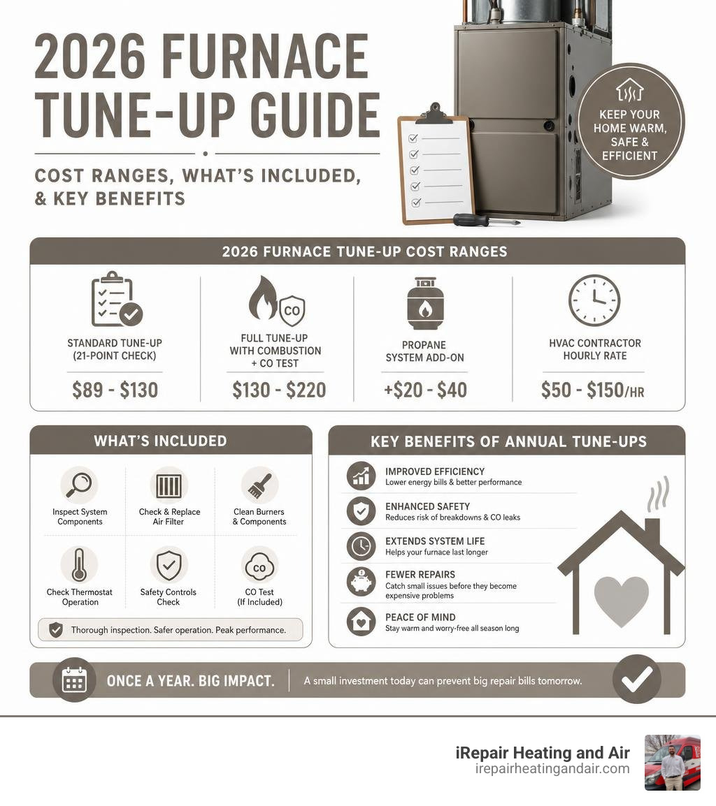 Infographic showing 2026 furnace tune-up cost ranges, what's included, and key benefits of annual maintenance infographic Infographic showing 2026 furnace tune-up cost ranges, what's included, and key benefits of annual maintenance infographic