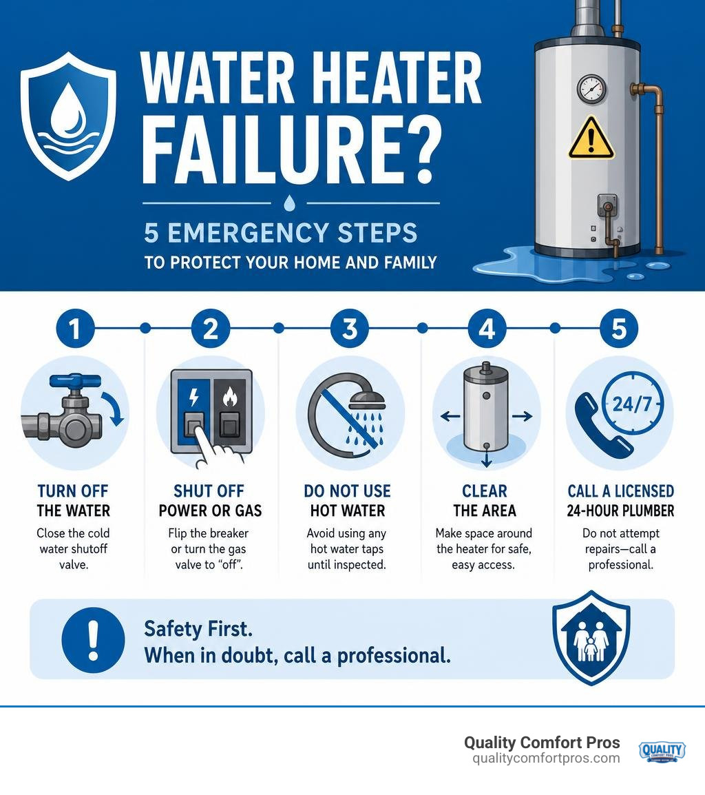 Infographic showing 5 emergency steps for water heater failure with icons and clear visual flow infographic
