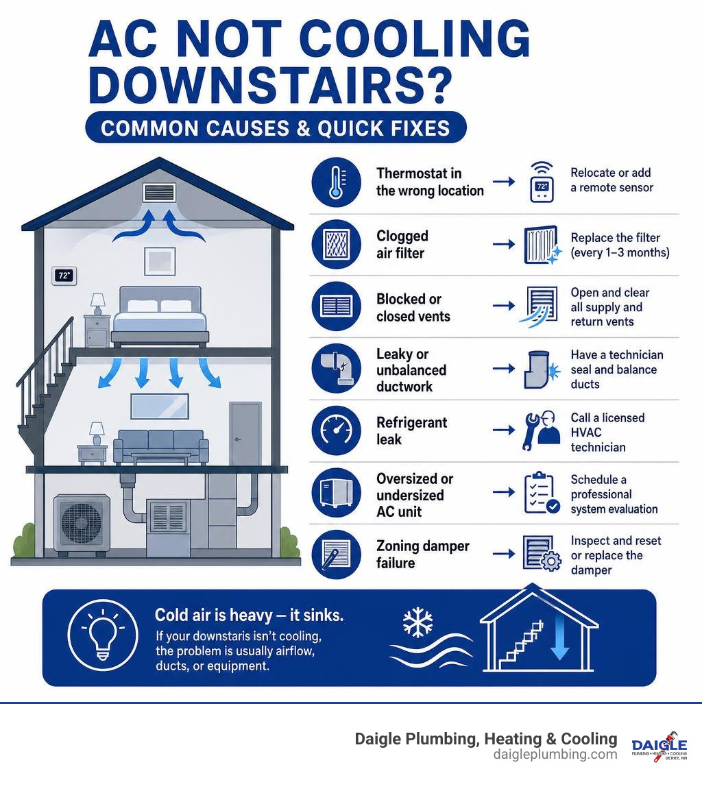 Infographic showing common causes and fixes for AC not cooling downstairs in a two-story home infographic Infographic showing common causes and fixes for AC not cooling downstairs in a two-story home infographic
