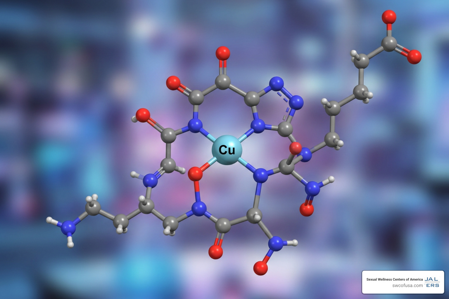 Molecular structure of GHK-Cu tripeptide complex binding a copper ion Molecular structure of GHK-Cu tripeptide complex binding a copper ion