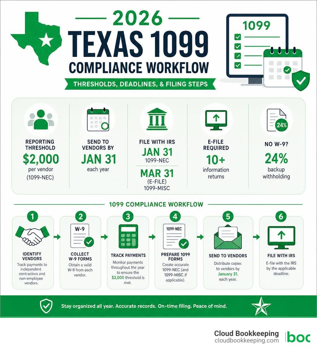 2026 Texas 1099 compliance workflow infographic with thresholds, deadlines, and filing steps infographic