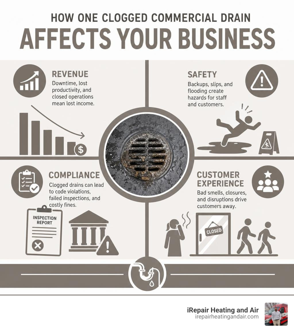 How one clogged commercial drain affects revenue, safety, compliance, and customer experience infographic How one clogged commercial drain affects revenue, safety, compliance, and customer experience infographic
