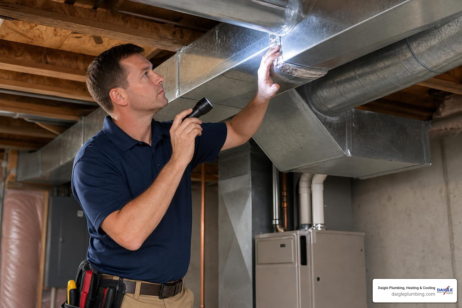 HVAC technician inspecting residential ductwork for uneven cooling HVAC technician inspecting residential ductwork for uneven cooling