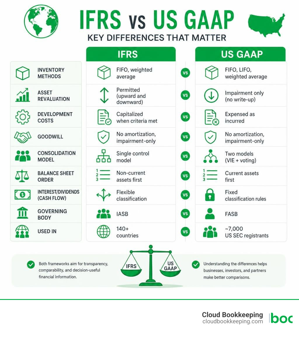 Key differences between IFRS and US GAAP infographic covering inventory, assets, consolidation, and reporting standards