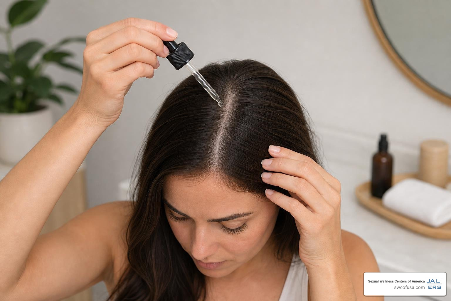 Topical serum application of the scalp with a dropper targeting the crown and parting Topical serum application of the scalp with a dropper targeting the crown and parting