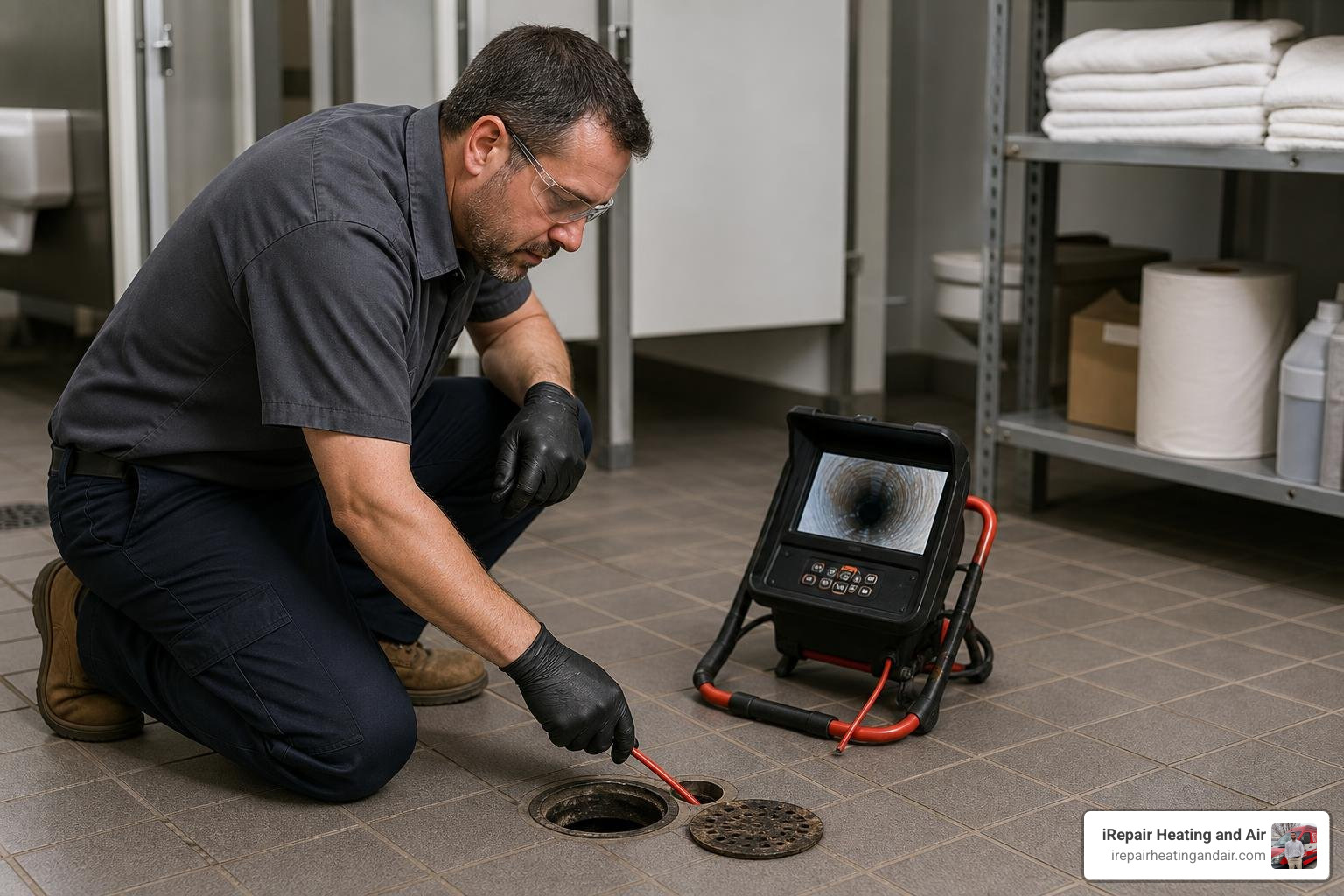 technician performing a drain camera inspection in a commercial building technician performing a drain camera inspection in a commercial building