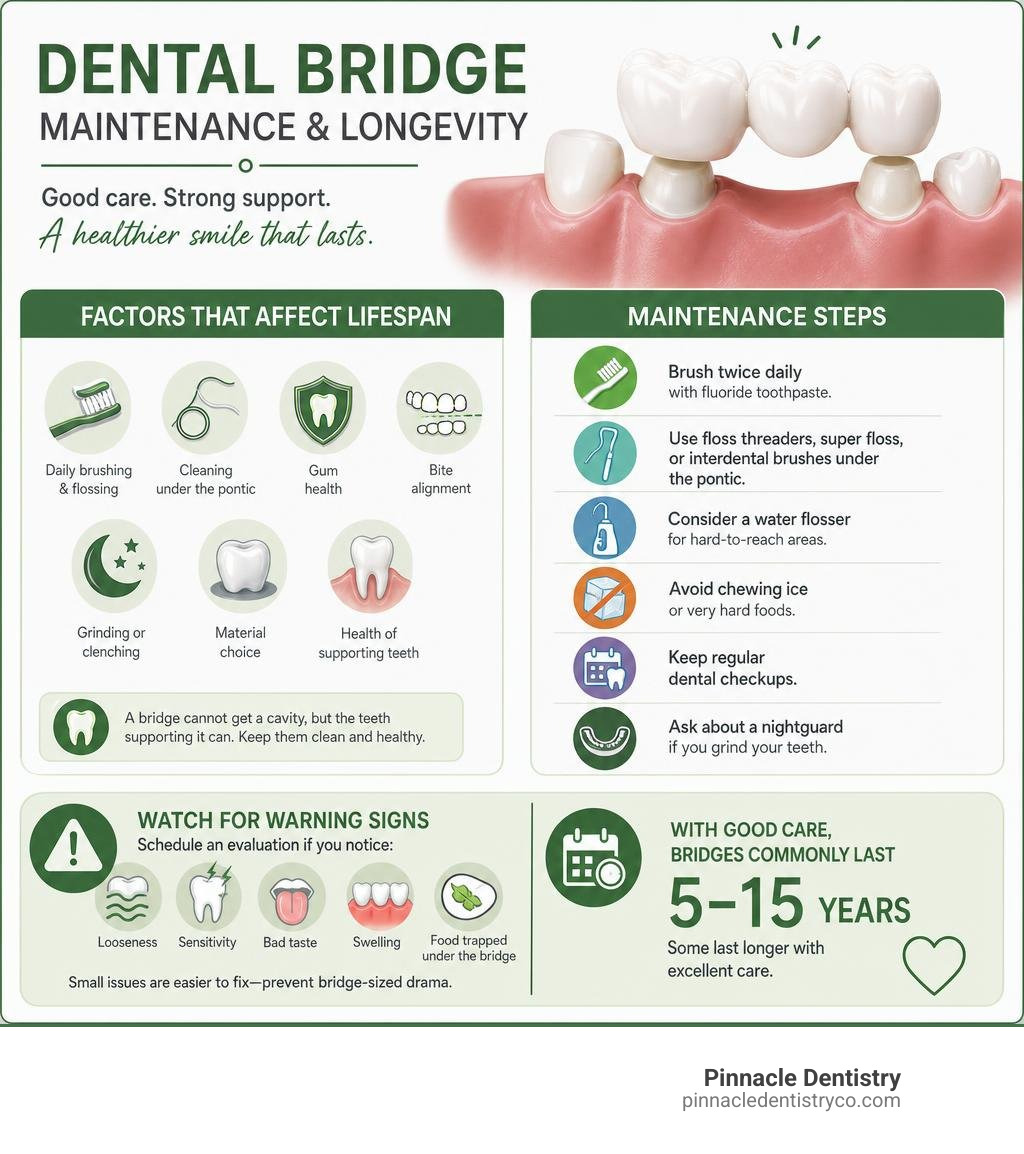 infographic showing dental bridge maintenance steps and lifespan factors infographic