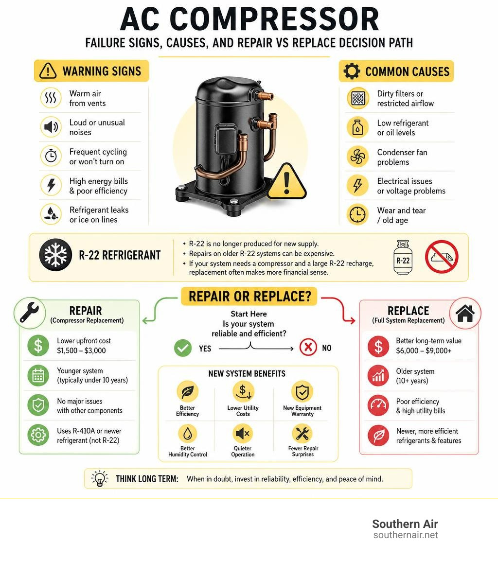 Infographic showing AC compressor failure signs, causes, and repair vs replace decision path infographic Infographic showing AC compressor failure signs, causes, and repair vs replace decision path infographic