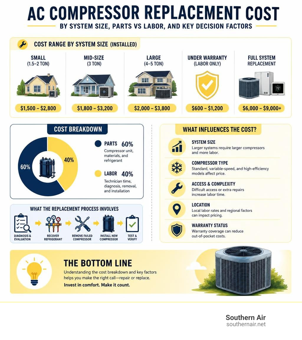 Infographic showing AC compressor replacement cost breakdown by system size, parts vs labor split, and key decision factors Infographic showing AC compressor replacement cost breakdown by system size, parts vs labor split, and key decision factors