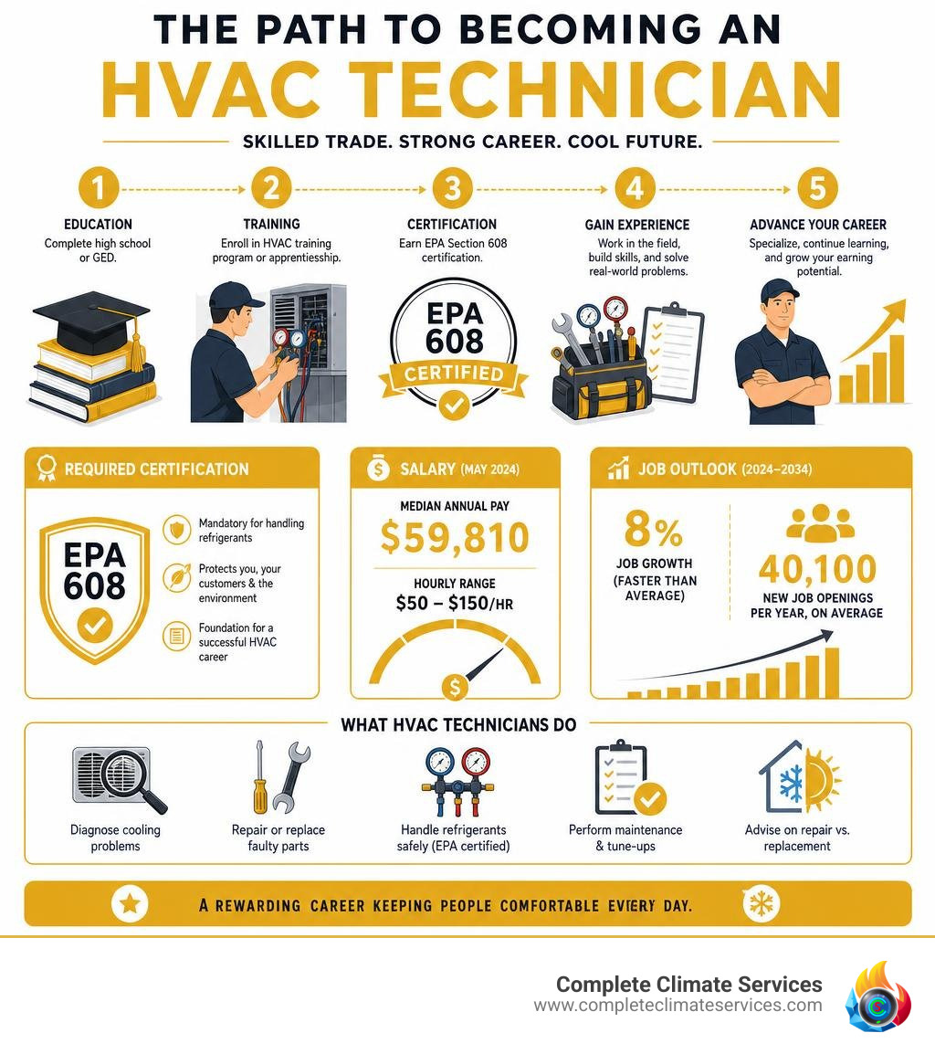 Infographic showing the path to becoming an HVAC technician with key steps, certifications, salary, and job outlook