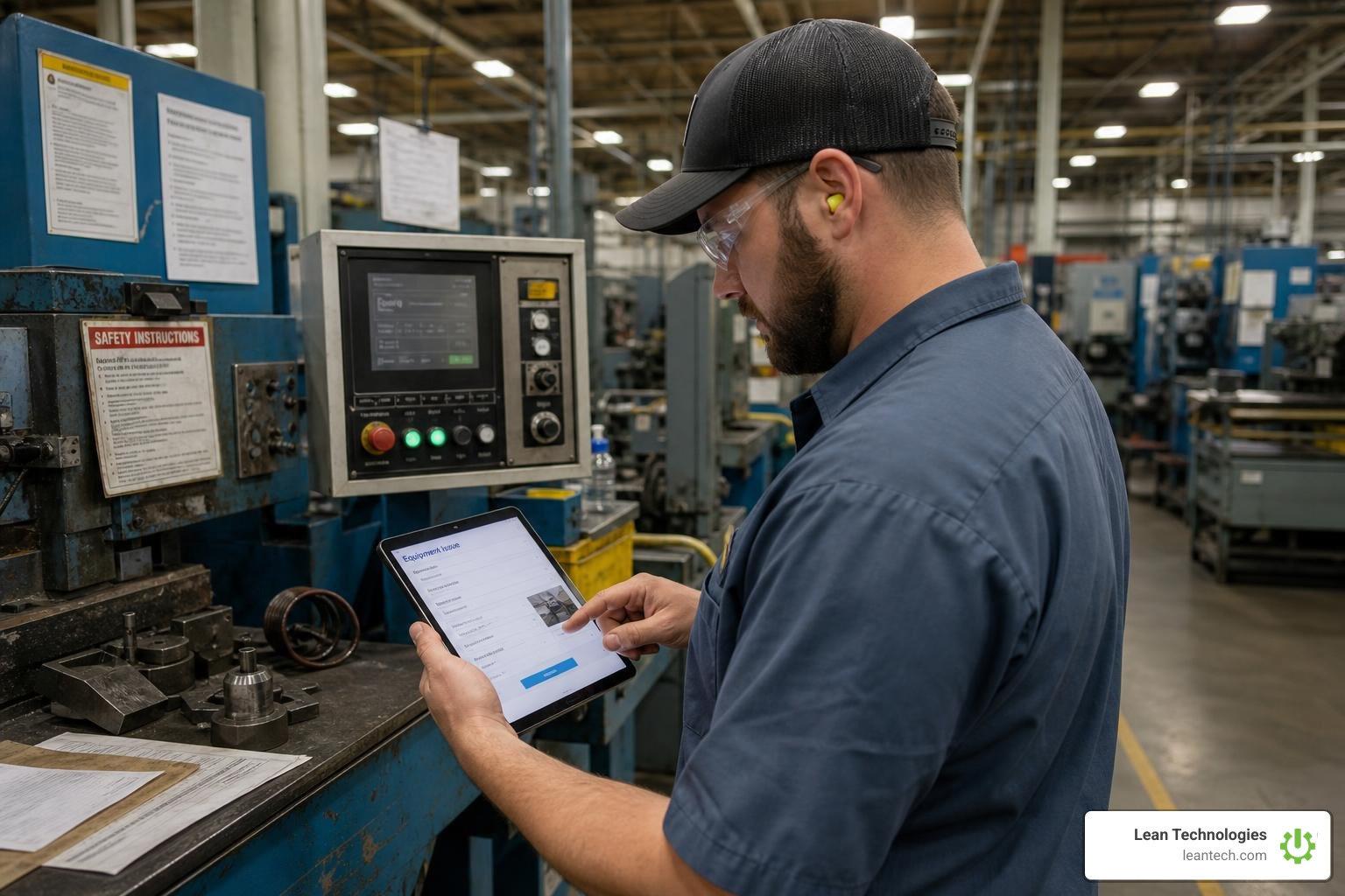 An operator logging an equipment issue on a tablet directly at the workstation